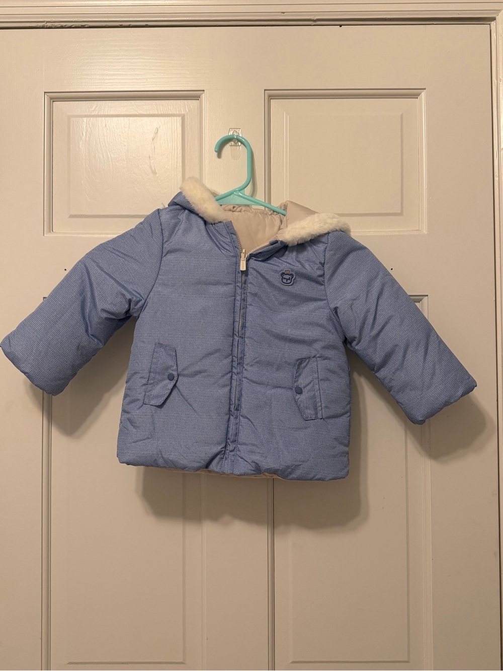 Mayoral Light Blue Hooded Puffer Jacket with Faux Fur Trim
